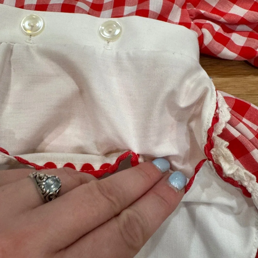Vintage 90s Red Gingham Baby Dress w Detachable Apron Lace Trim Red White 12-18M